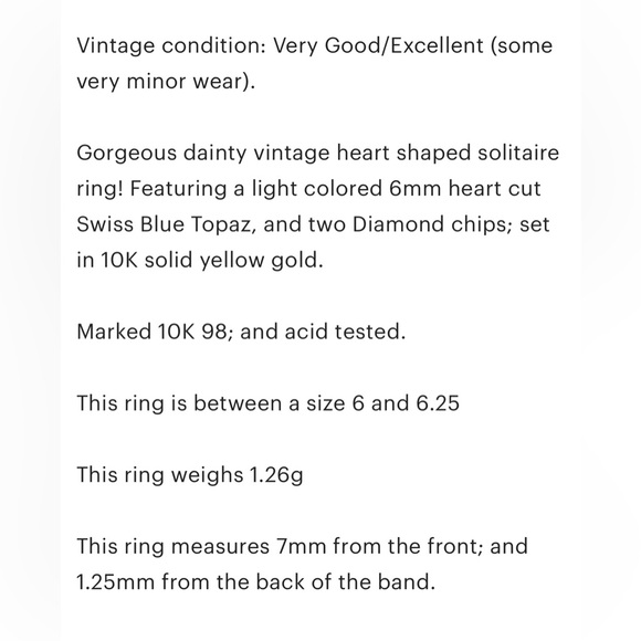 Vintage 10K Yellow Gold Blue Topaz Heart Ring: Diamond Accent, Size 6 - Picture 9 of 9